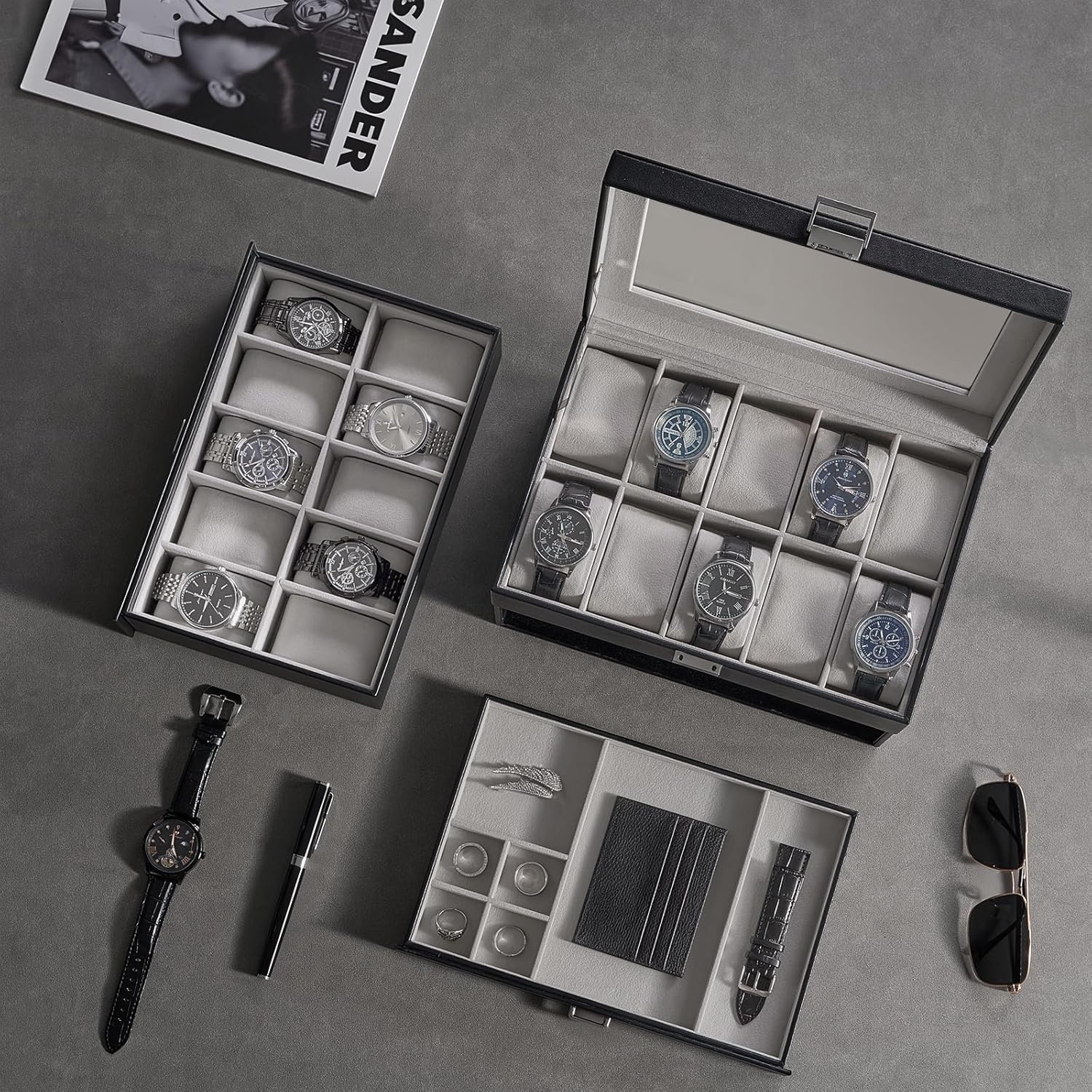 20 Slot Watch Box for Men, 3-Layer Watch Display Case with Glass Lid, Watch Holder with Drawer, Jewelry Storage Organizer for Watches Straps Rings