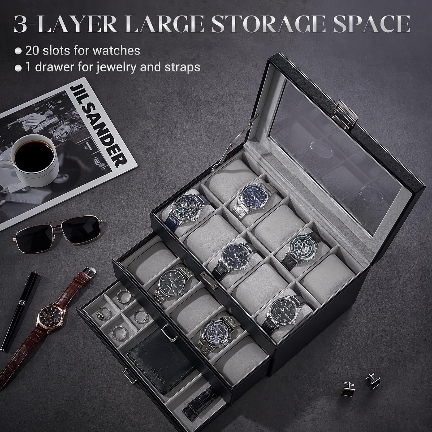 20 Slot Watch Box for Men, 3-Layer Watch Display Case with Glass Lid, Watch Holder with Drawer, Jewelry Storage Organizer for Watches Straps Rings
