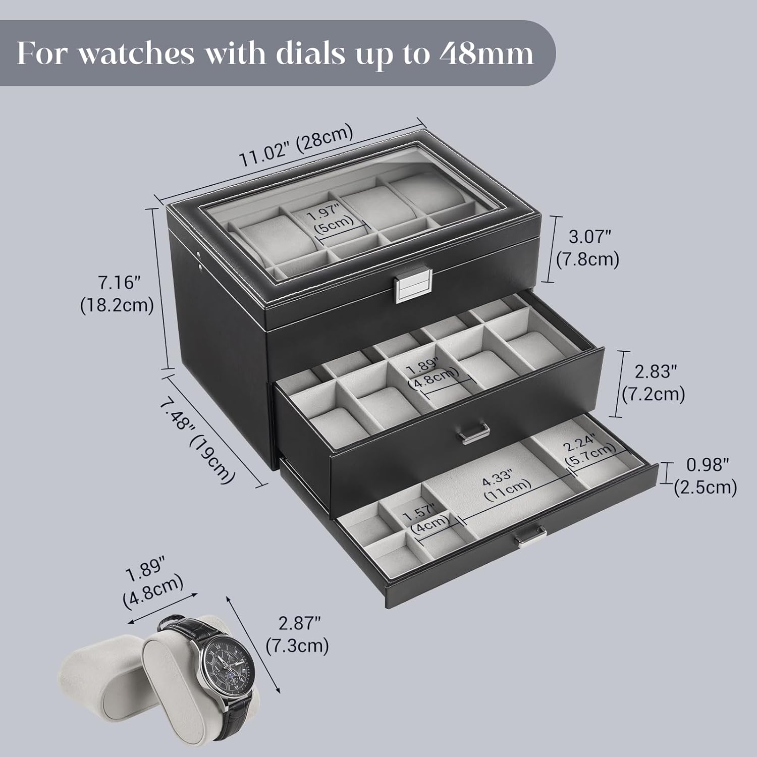 20 Slot Watch Box for Men, 3-Layer Watch Display Case with Glass Lid, Watch Holder with Drawer, Jewelry Storage Organizer for Watches Straps Rings