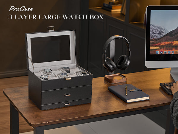 20 Slot Watch Box for Men, 3-Layer Watch Display Case with Glass Lid, Watch Holder with Drawer, Jewelry Storage Organizer for Watches Straps Rings