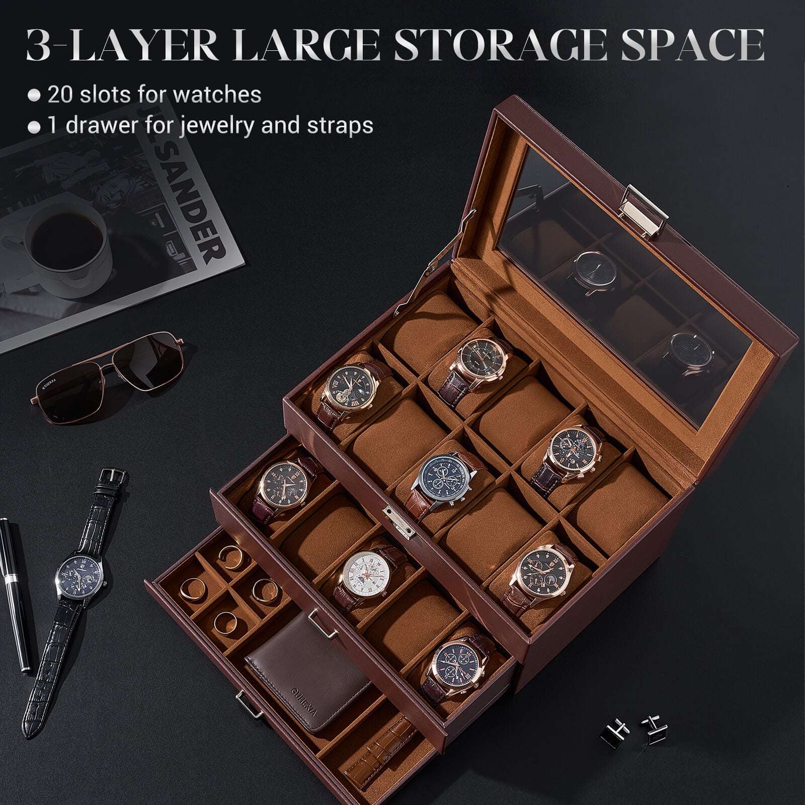 20 Slot Watch Box for Men, 3-Layer Watch Display Case with Glass Lid