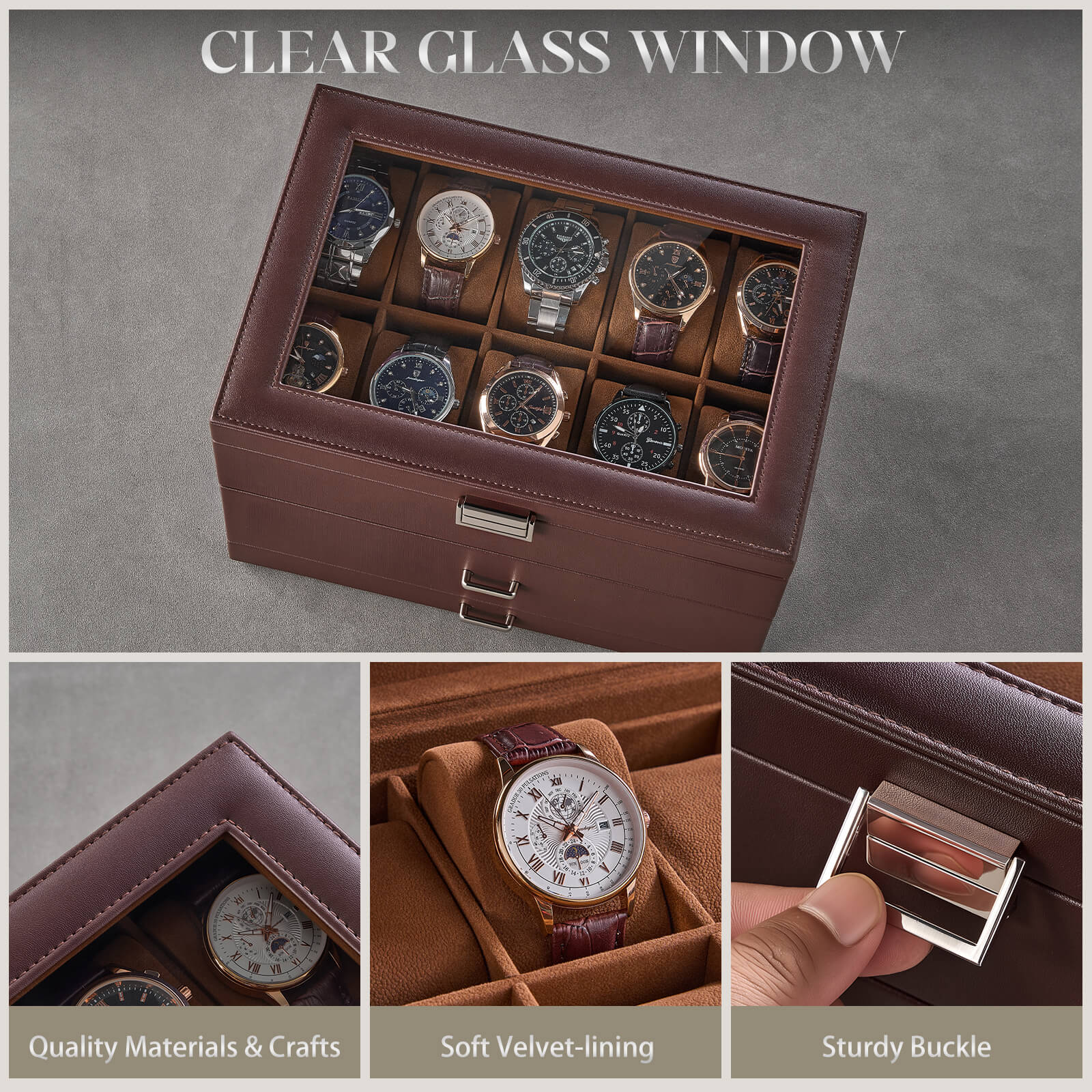 20 Slot Watch Box for Men, 3-Layer Watch Display Case with Glass Lid