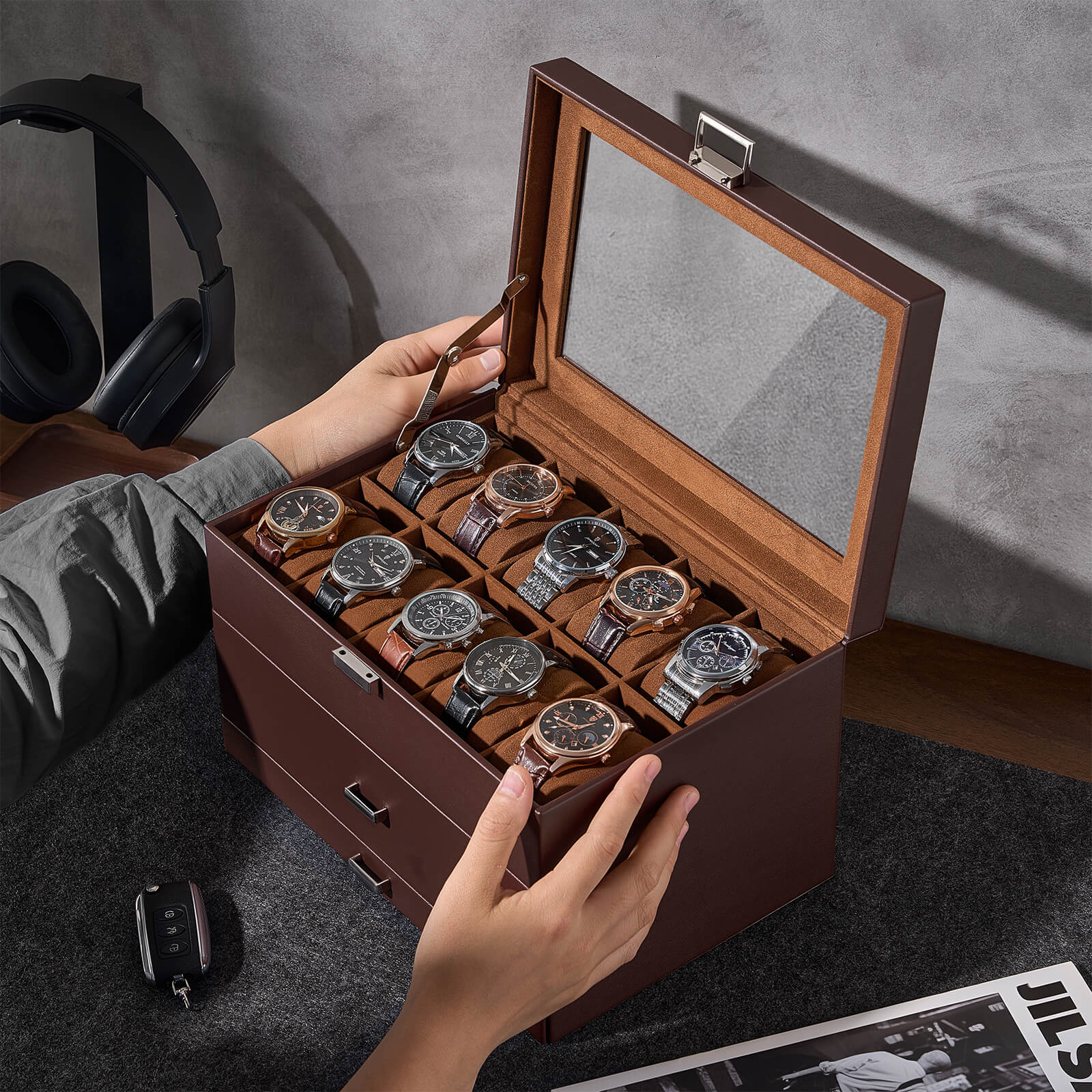 20 Slot Watch Box for Men, 3-Layer Watch Display Case with Glass Lid