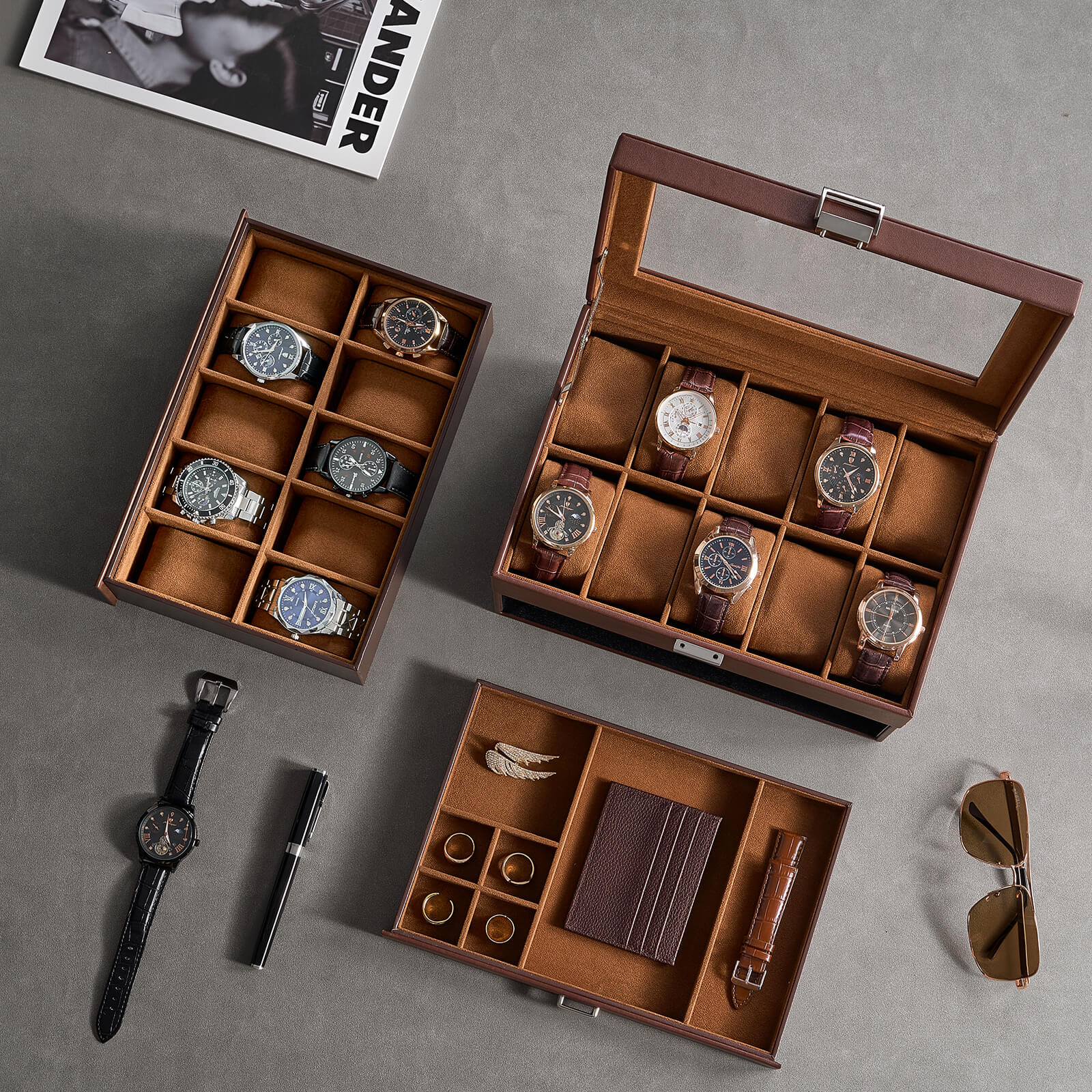 20 Slot Watch Box for Men, 3-Layer Watch Display Case with Glass Lid