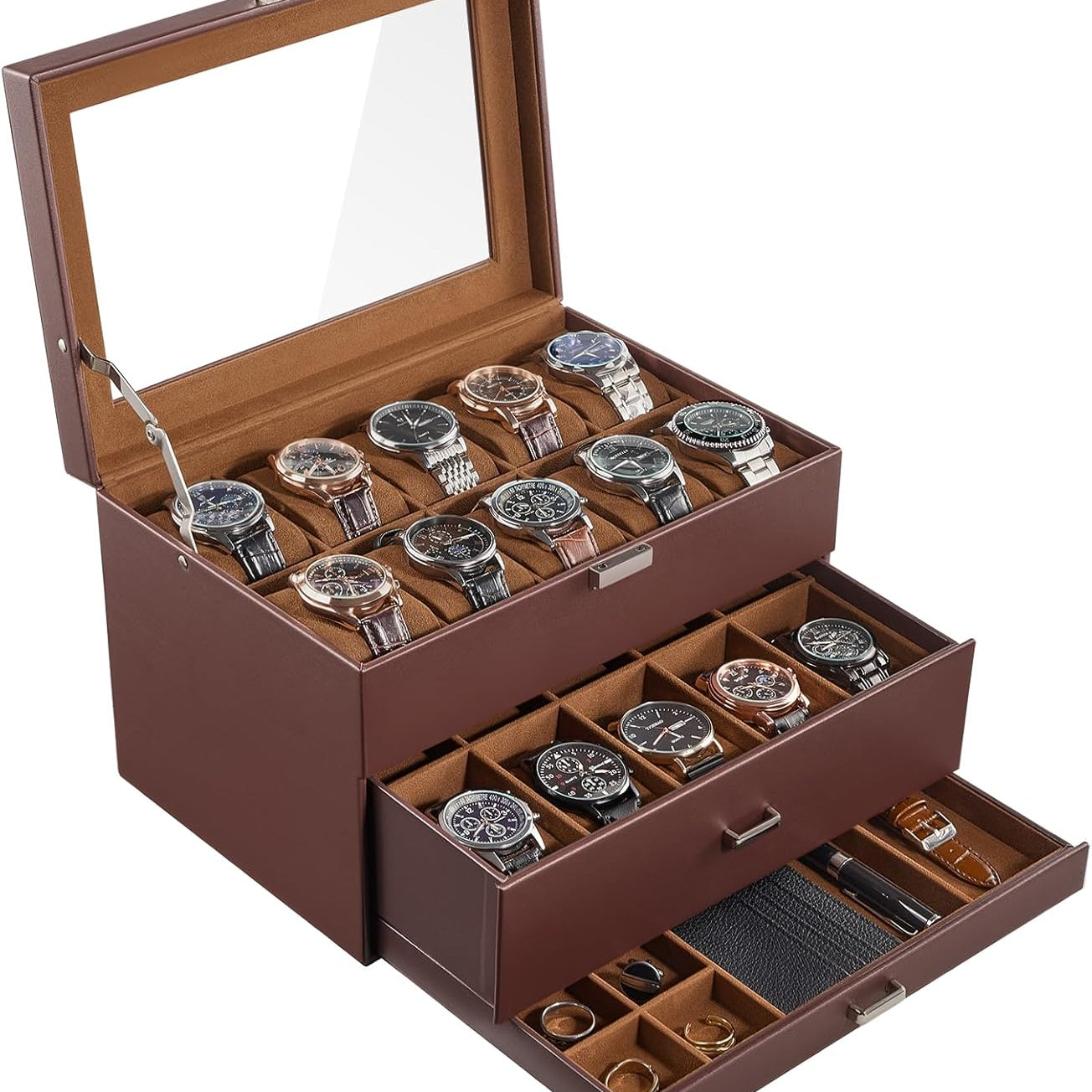 20 Slot Watch Box for Men, 3-Layer Watch Display Case with Glass Lid, Watch Holder with Drawer, Jewelry Storage Organizer for Watches Straps Rings