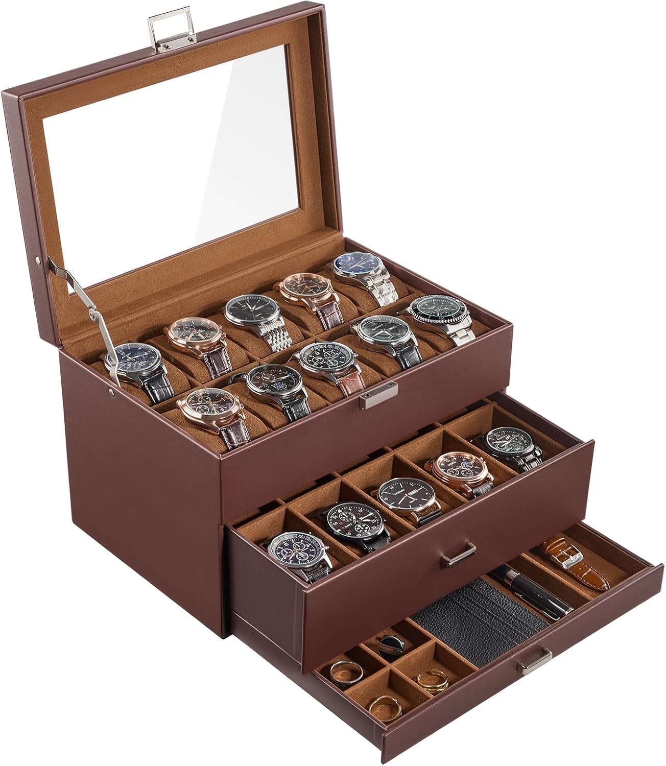 20 Slot Watch Box for Men, 3-Layer Watch Display Case with Glass Lid, Watch Holder with Drawer, Jewelry Storage Organizer for Watches Straps Rings