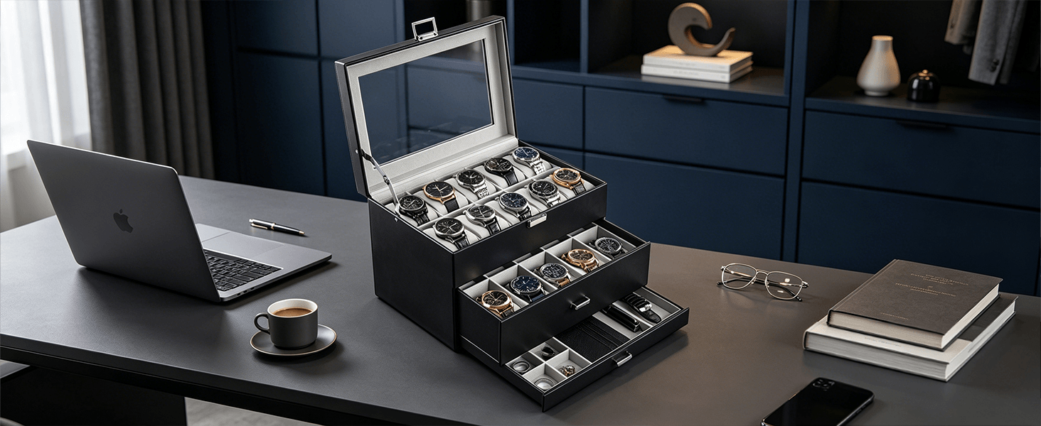 Black watch collection display case on a desk with a laptop and coffee cup.