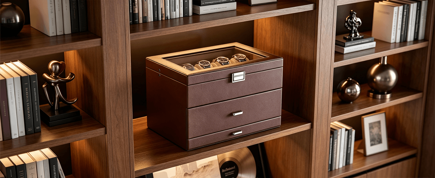 Wooden jewelry box on a bookshelf with books and decorative items.