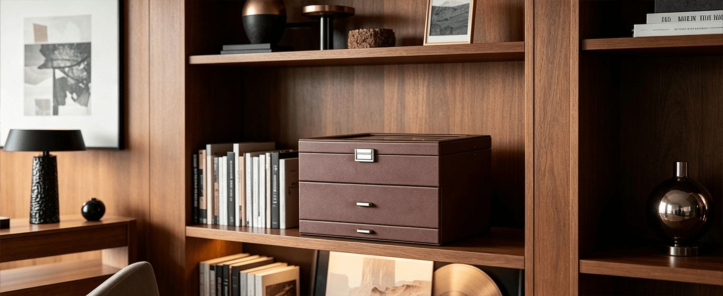Wooden bookshelf with books, a watch box, and decorative items in a room.