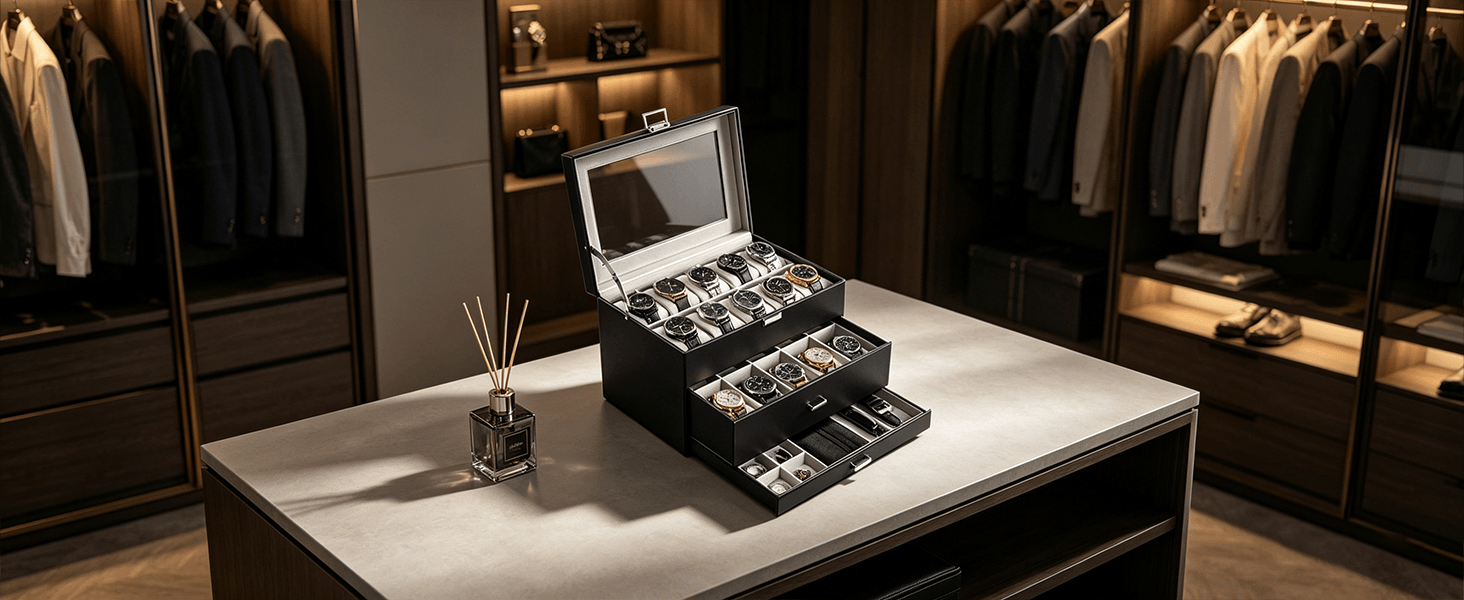 Watch collection in a display case on a table with a wardrobe in the background