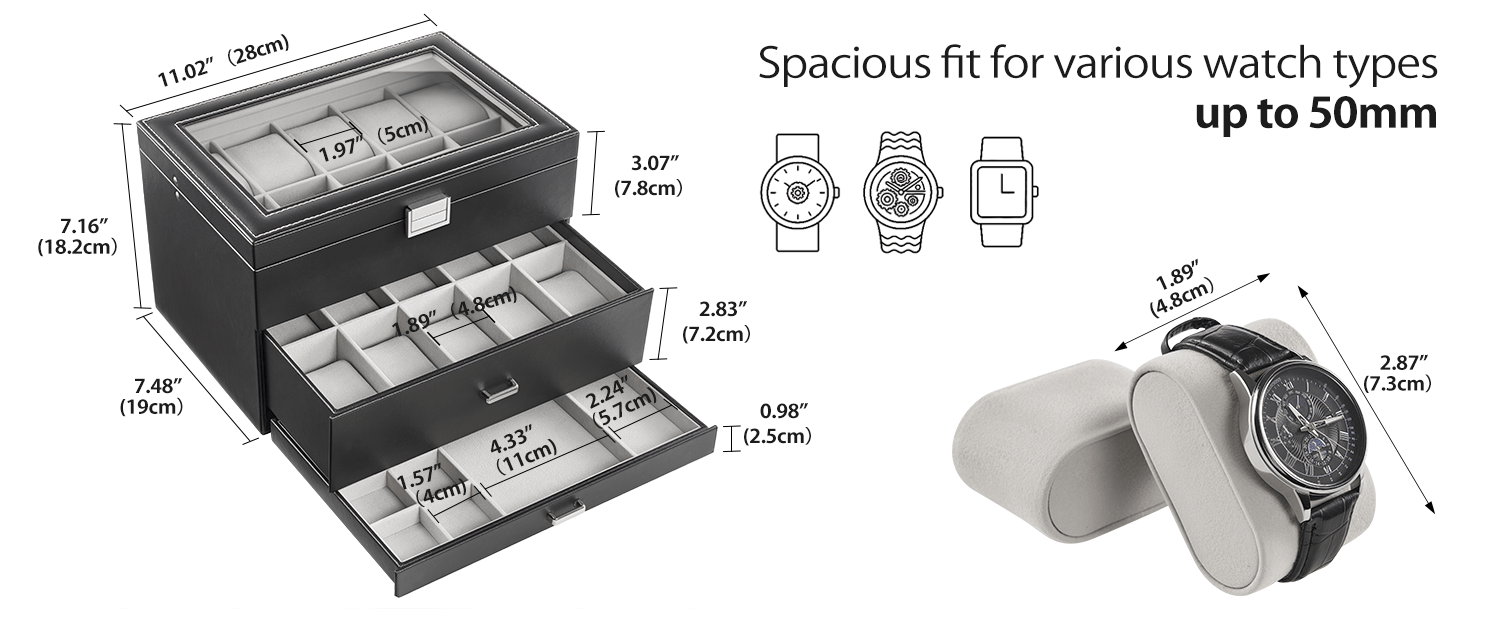 Watch box with dimensions and capacity for various watch types