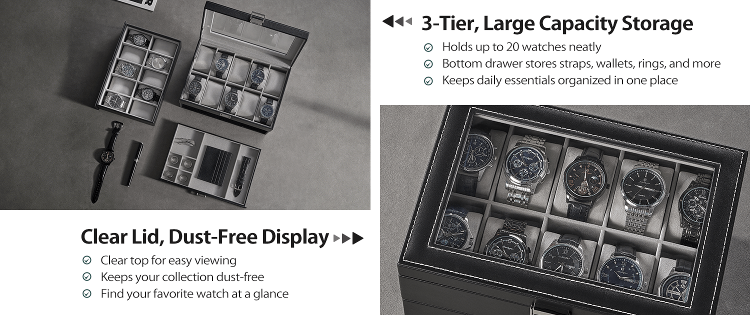 Watch storage box with multiple watch cases on a gray background