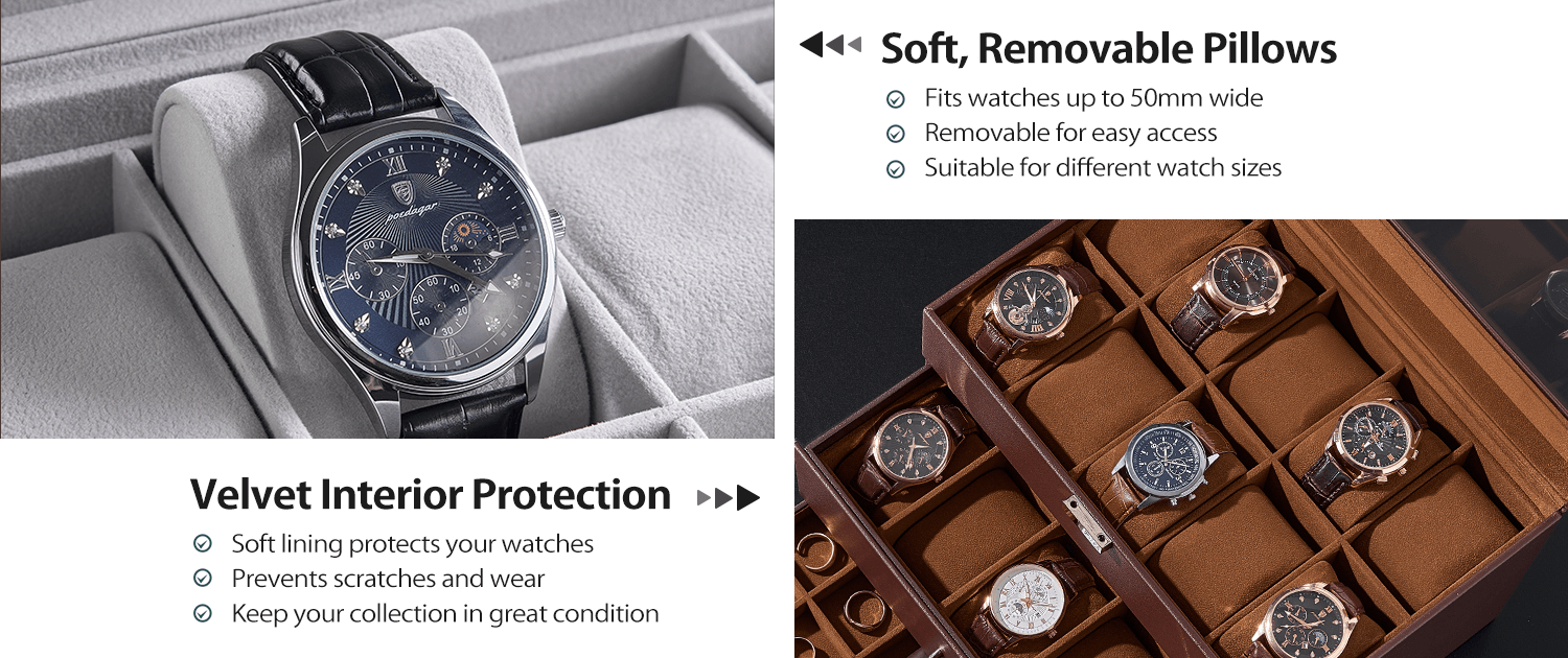 Watch case with velvet interior and soft, removable pillows for watch storage.
