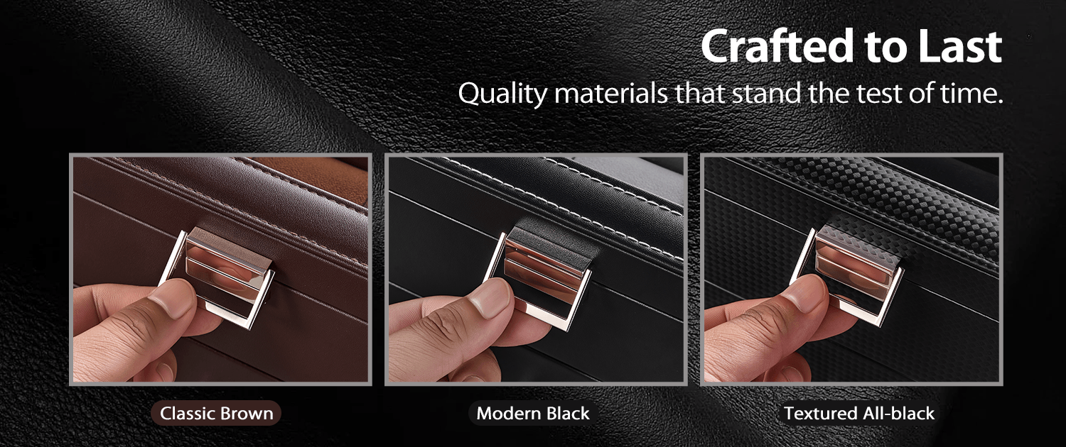 Three views of a leather product with metal hardware, labeled 'Classic Brown', 'Modern Black', and 'Textured All-Black'.