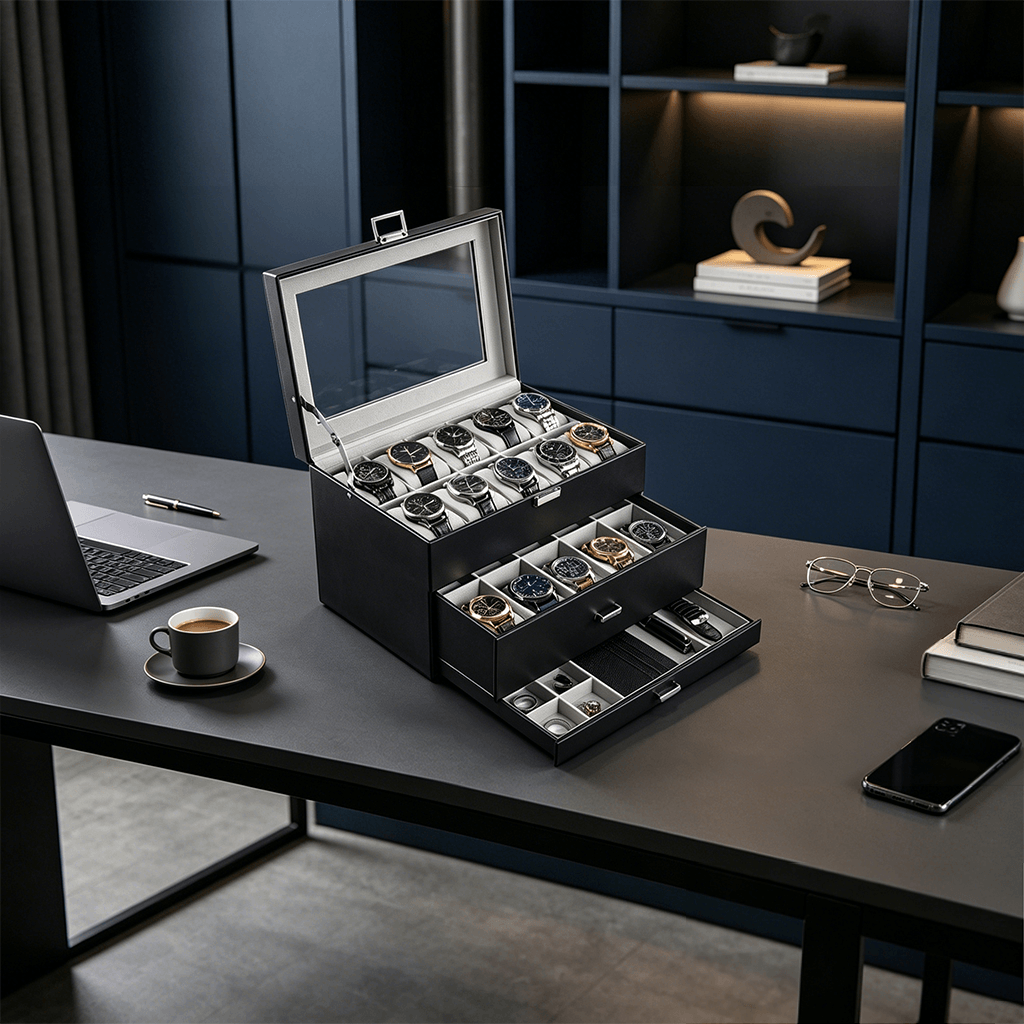 Black watch collection storage box with multiple watches on a desk in a modern office setting.