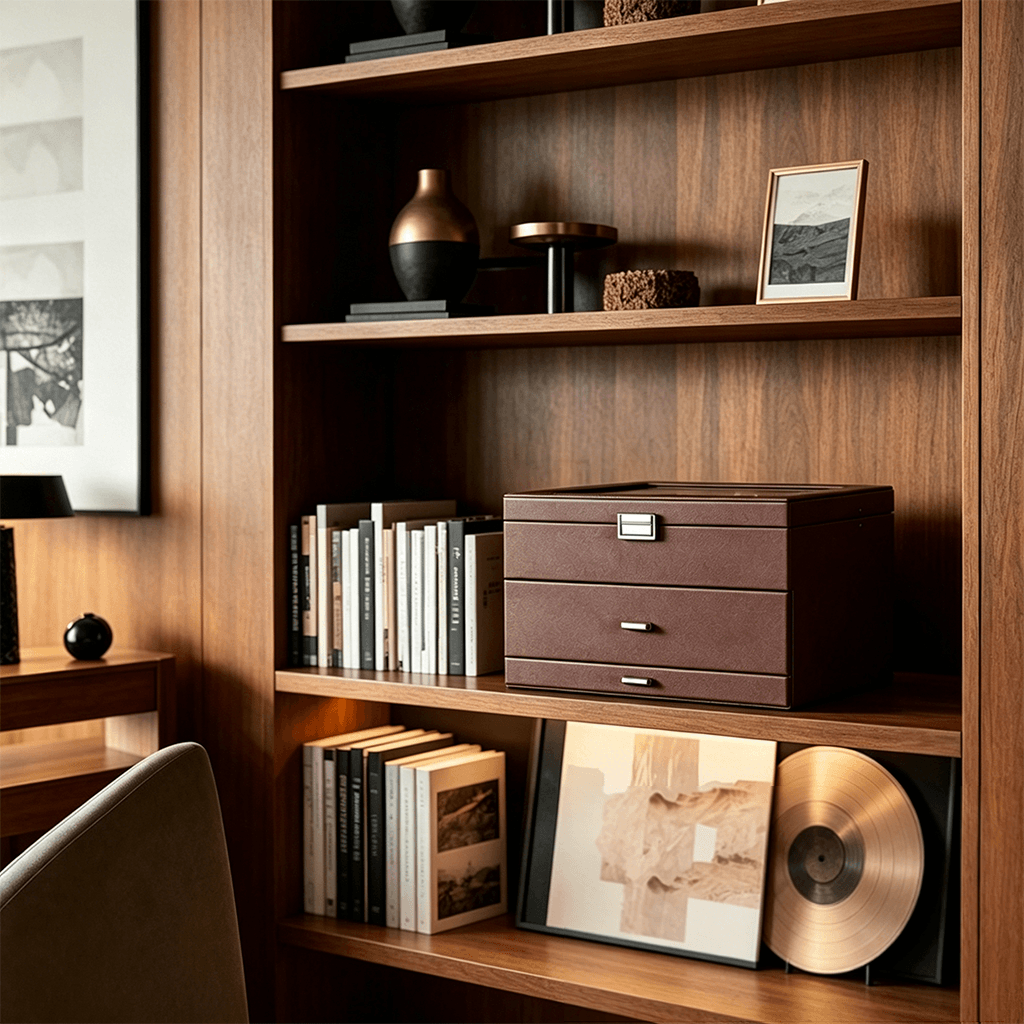 Wooden bookshelf with books, a brown leather box, and decorative items in a home office setting.