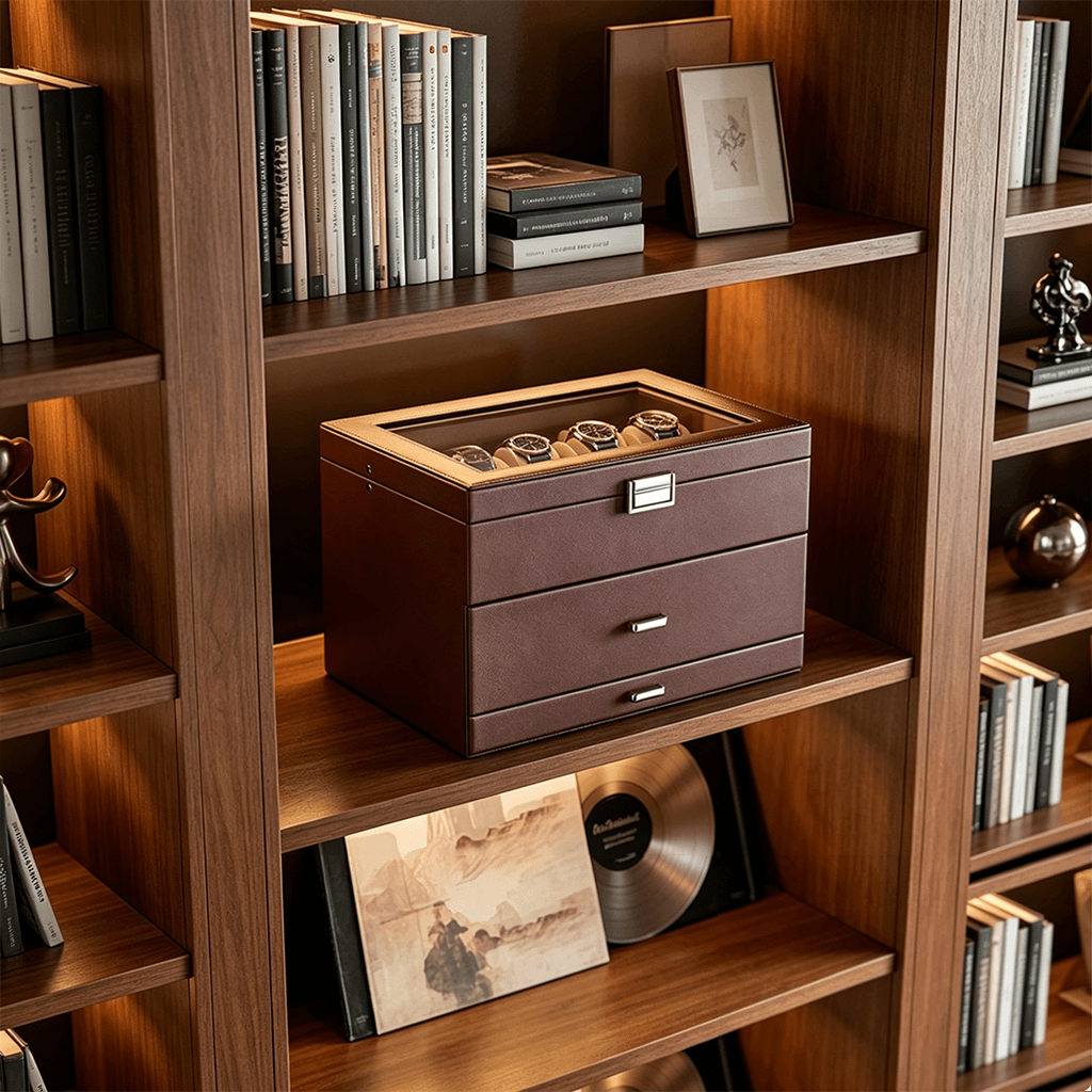 Brown watch box on a wooden shelf with books and decorative items