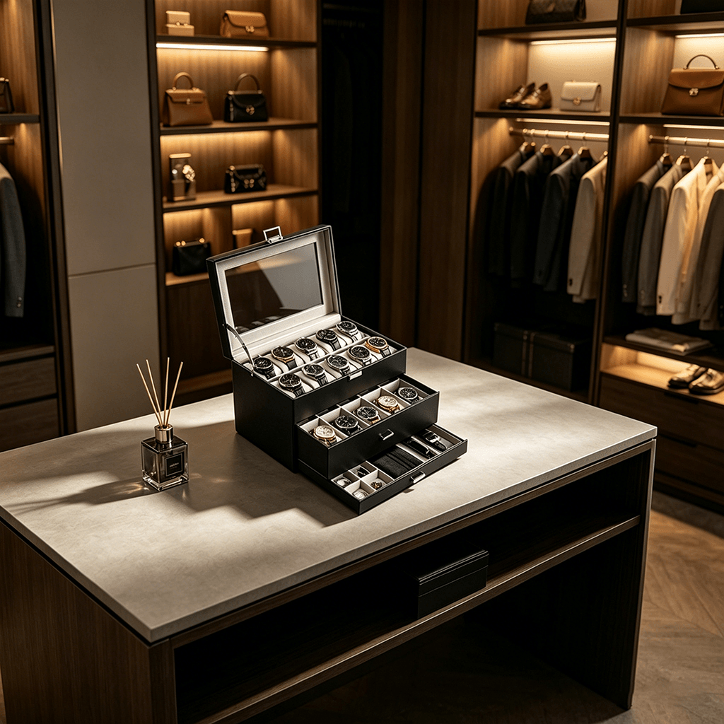 Collection of watches in a display case on a table with a wardrobe in the background