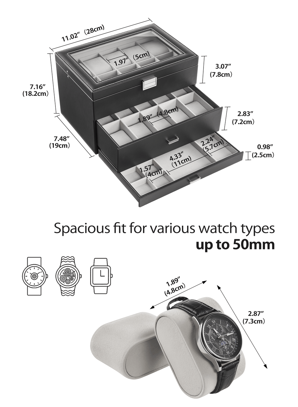 Watch box with dimensions and capacity details on a white background