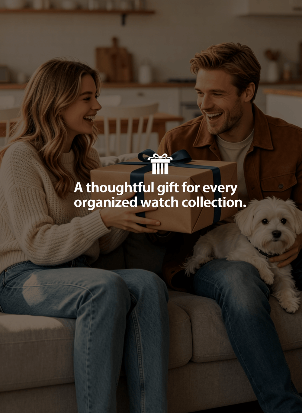 Man and woman sitting on a couch, holding a gift box.