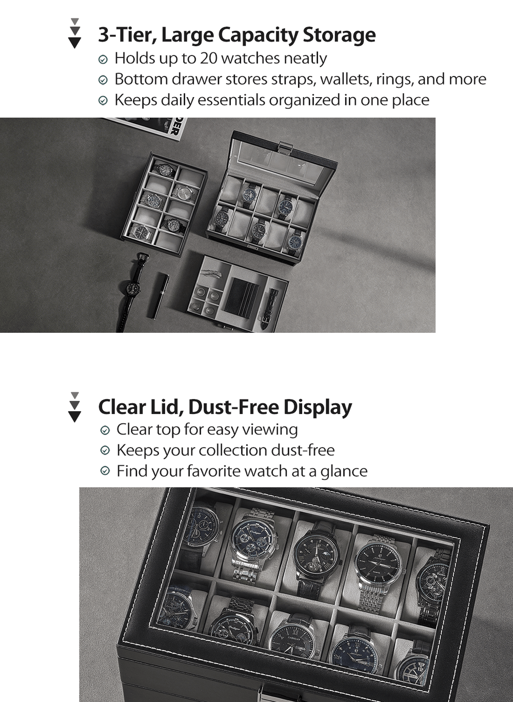 Watch storage box with multiple watch compartments on a gray background