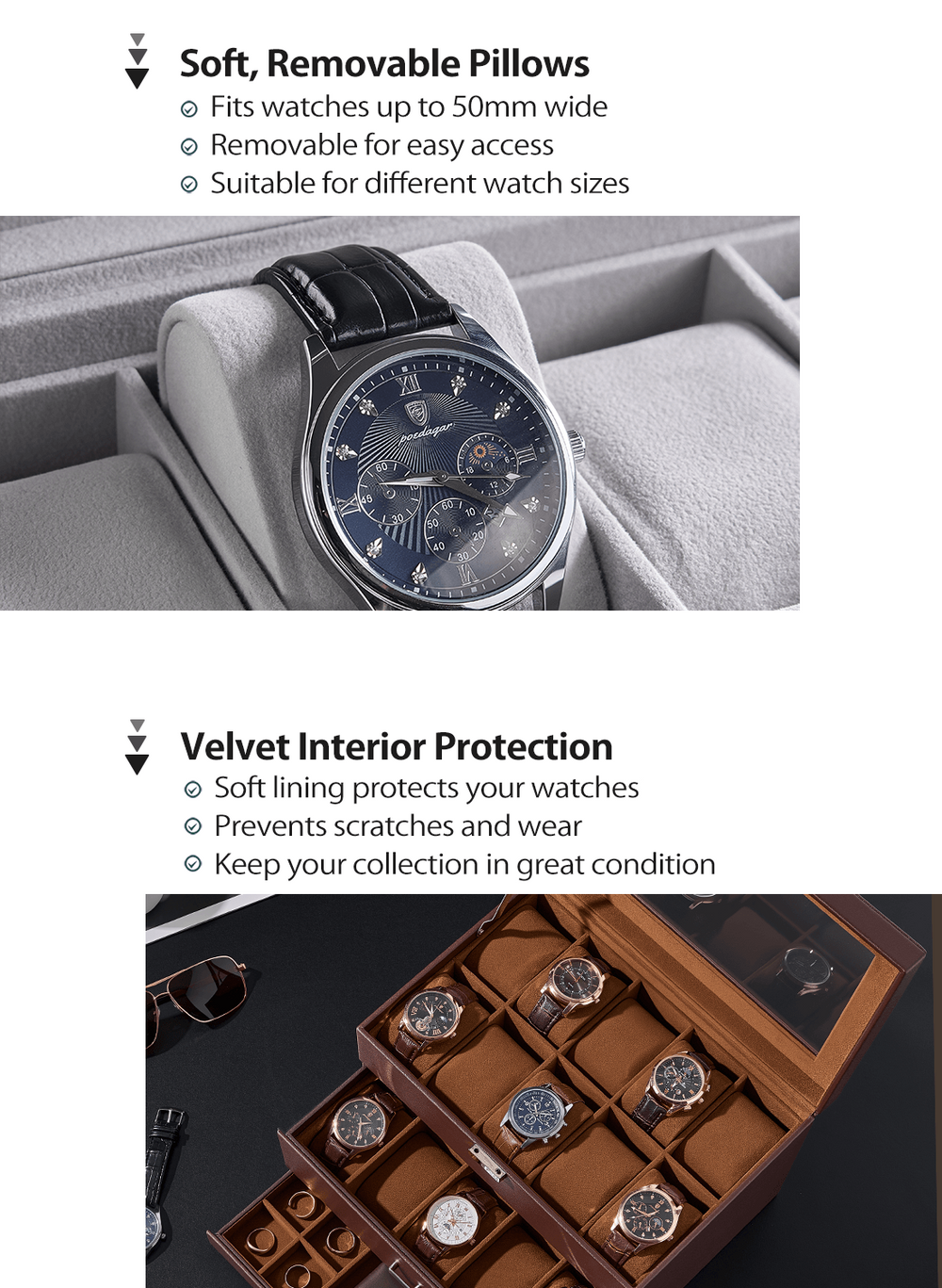 Watch case with soft, removable pillows and velvet interior, featuring a watch inside.