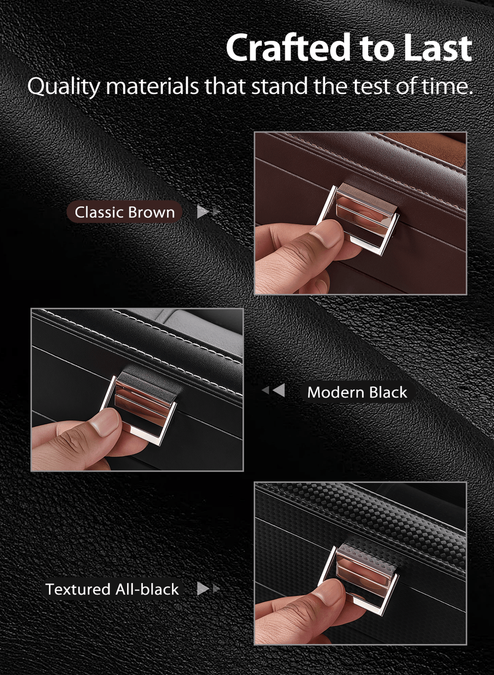 Product display with 'Crafted to Last' text and images of a suitcase handle in different colors.