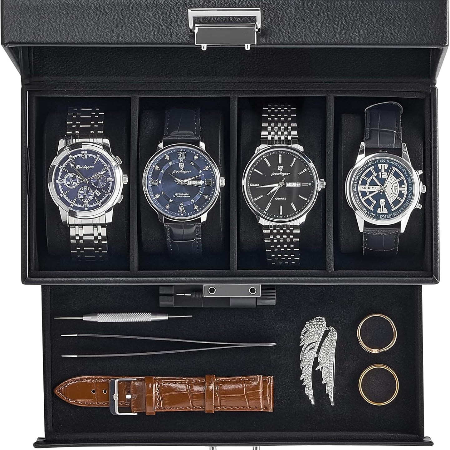 Watch Case, 4 Slot Mens Watch Box Holder Organizer with Glass Lid, 2-Layer Watches Display Case, Mens Jewelry Box with Drawer, Birthday Christmas Gifts for Men Women