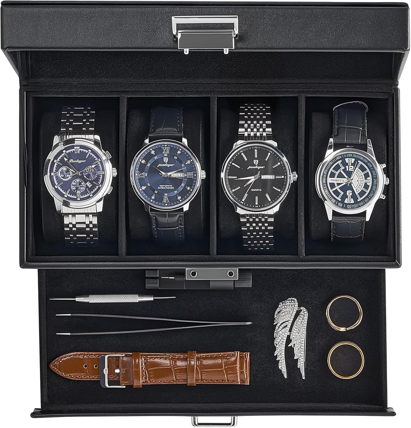 Watch Case, 4 Slot Mens Watch Box Holder Organizer with Glass Lid, 2-Layer Watches Display Case, Mens Jewelry Box with Drawer, Birthday Christmas Gifts for Men Women