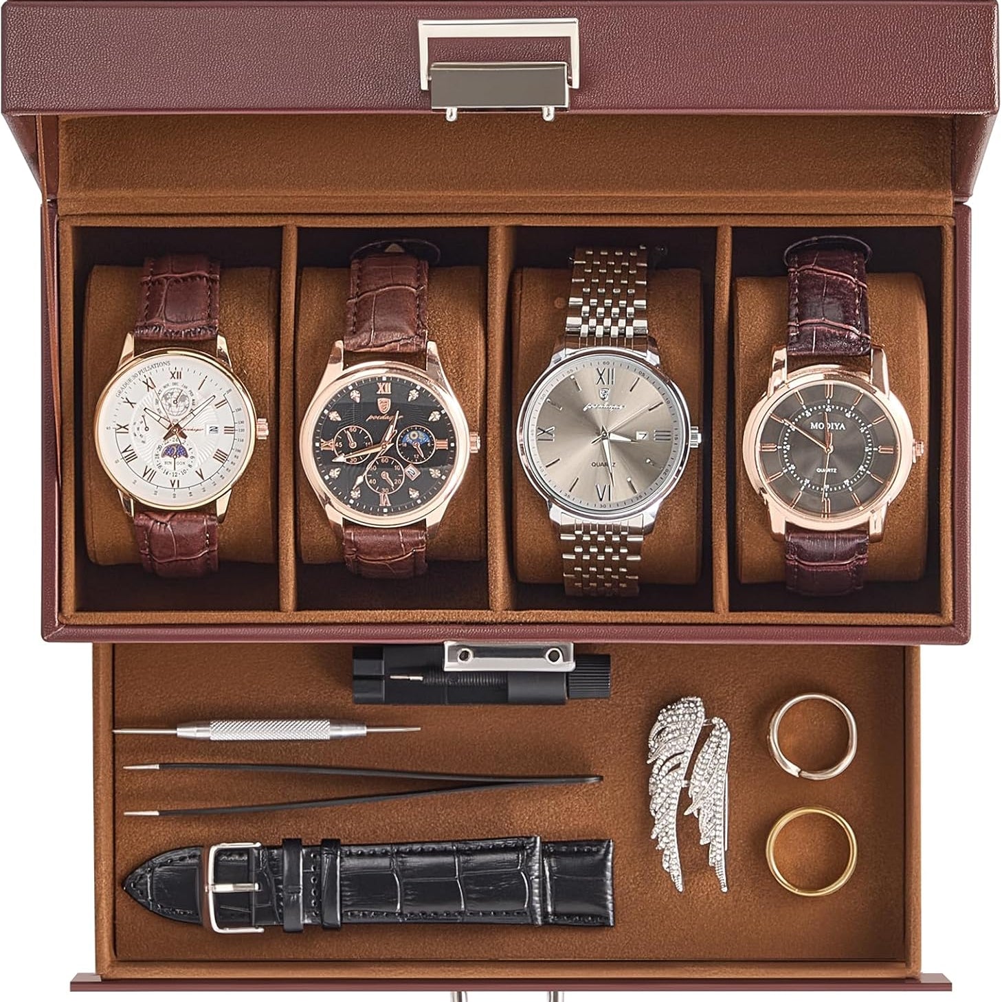 Watch Case, 4 Slot Mens Watch Box Holder Organizer with Glass Lid, 2-Layer Watches Display Case, Mens Jewelry Box with Drawer, Birthday Christmas Gifts for Men Women