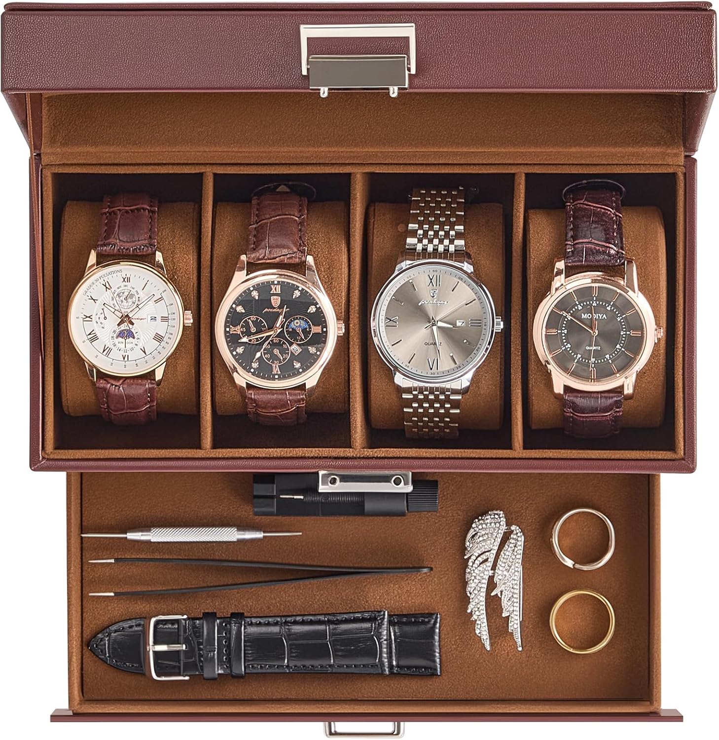 Watch Case, 4 Slot Mens Watch Box Holder Organizer with Glass Lid, 2-Layer Watches Display Case, Mens Jewelry Box with Drawer, Birthday Christmas Gifts for Men Women