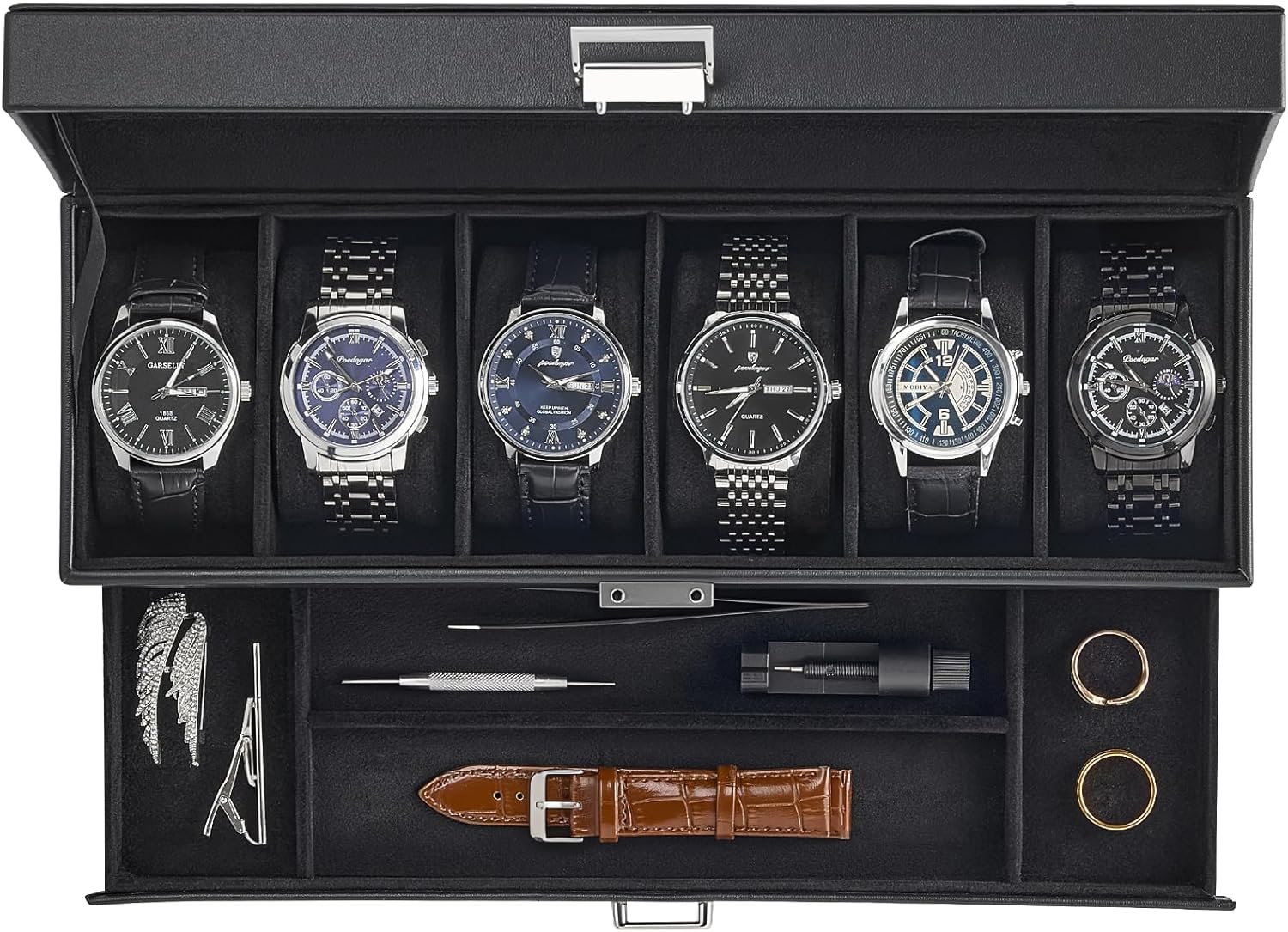 Watch Case, 6 Slot Mens Watch Box Holder Organizer with Glass Lid, 2-Layer Watches Display Case, Mens Jewelry Box with Drawer, Birthday Christmas Gifts for Men Women