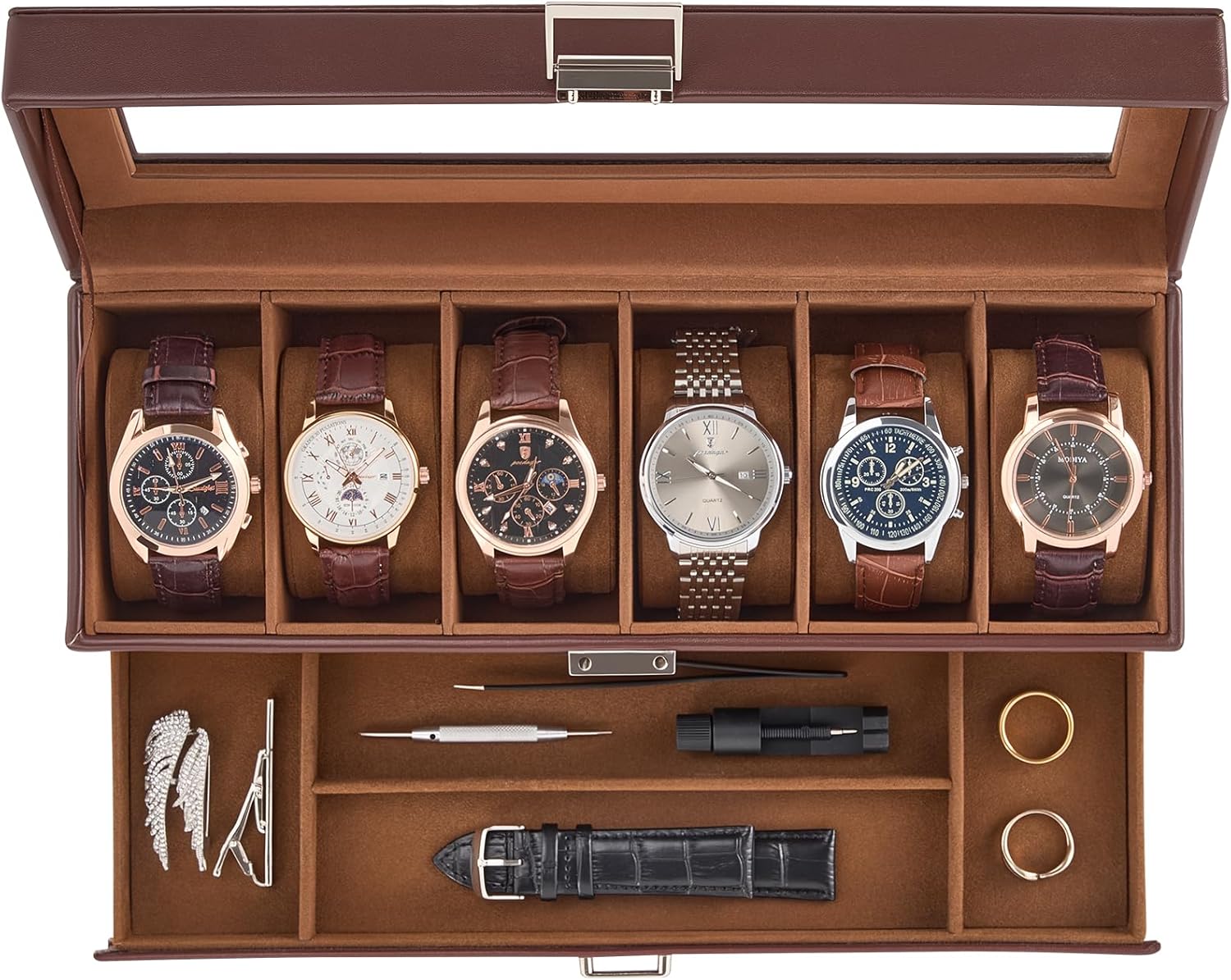 Watch Case, 6 Slot Mens Watch Box Holder Organizer with Glass Lid, 2-Layer Watches Display Case, Mens Jewelry Box with Drawer, Birthday Christmas Gifts for Men Women