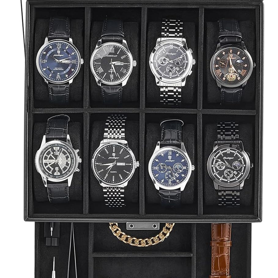 Watch Case, 8 Slot Mens Watch Box Holder Organizer with Glass Lid, 2-Layer Watches Display Case, Mens Jewelry Box with Drawer, Birthday Christmas Gifts for Men Women