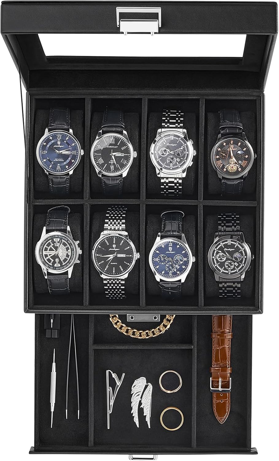 Watch Case, 8 Slot Mens Watch Box Holder Organizer with Glass Lid, 2-Layer Watches Display Case, Mens Jewelry Box with Drawer, Birthday Christmas Gifts for Men Women