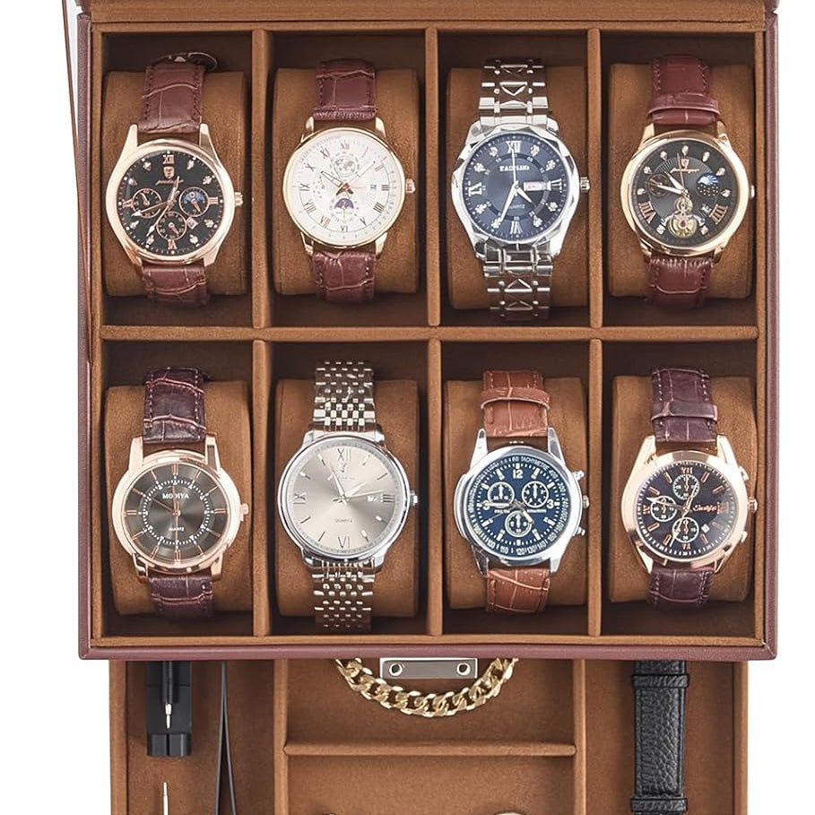 Watch Case, 8 Slot Mens Watch Box Holder Organizer with Glass Lid, 2-Layer Watches Display Case, Mens Jewelry Box with Drawer, Birthday Christmas Gifts for Men Women