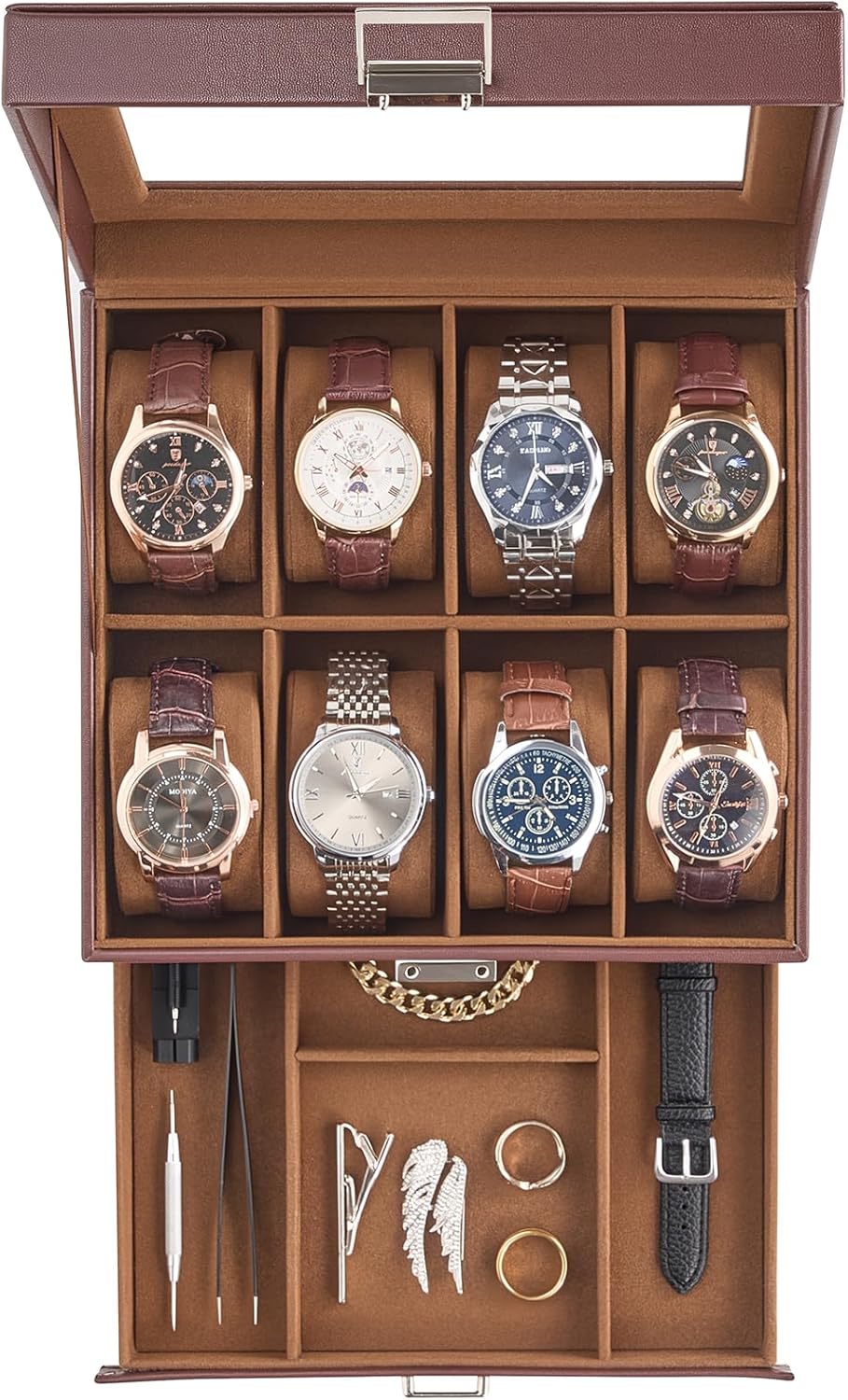 Watch Case, 8 Slot Mens Watch Box Holder Organizer with Glass Lid, 2-Layer Watches Display Case, Mens Jewelry Box with Drawer, Birthday Christmas Gifts for Men Women