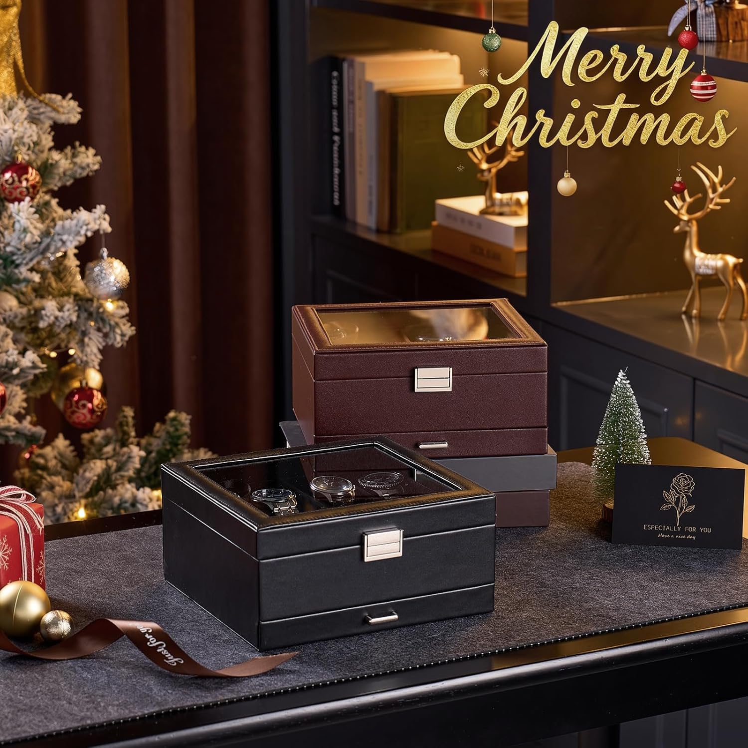 Watch Case, 8 Slot Mens Watch Box Holder Organizer with Glass Lid, 2-Layer Watches Display Case, Mens Jewelry Box with Drawer, Birthday Christmas Gifts for Men Women