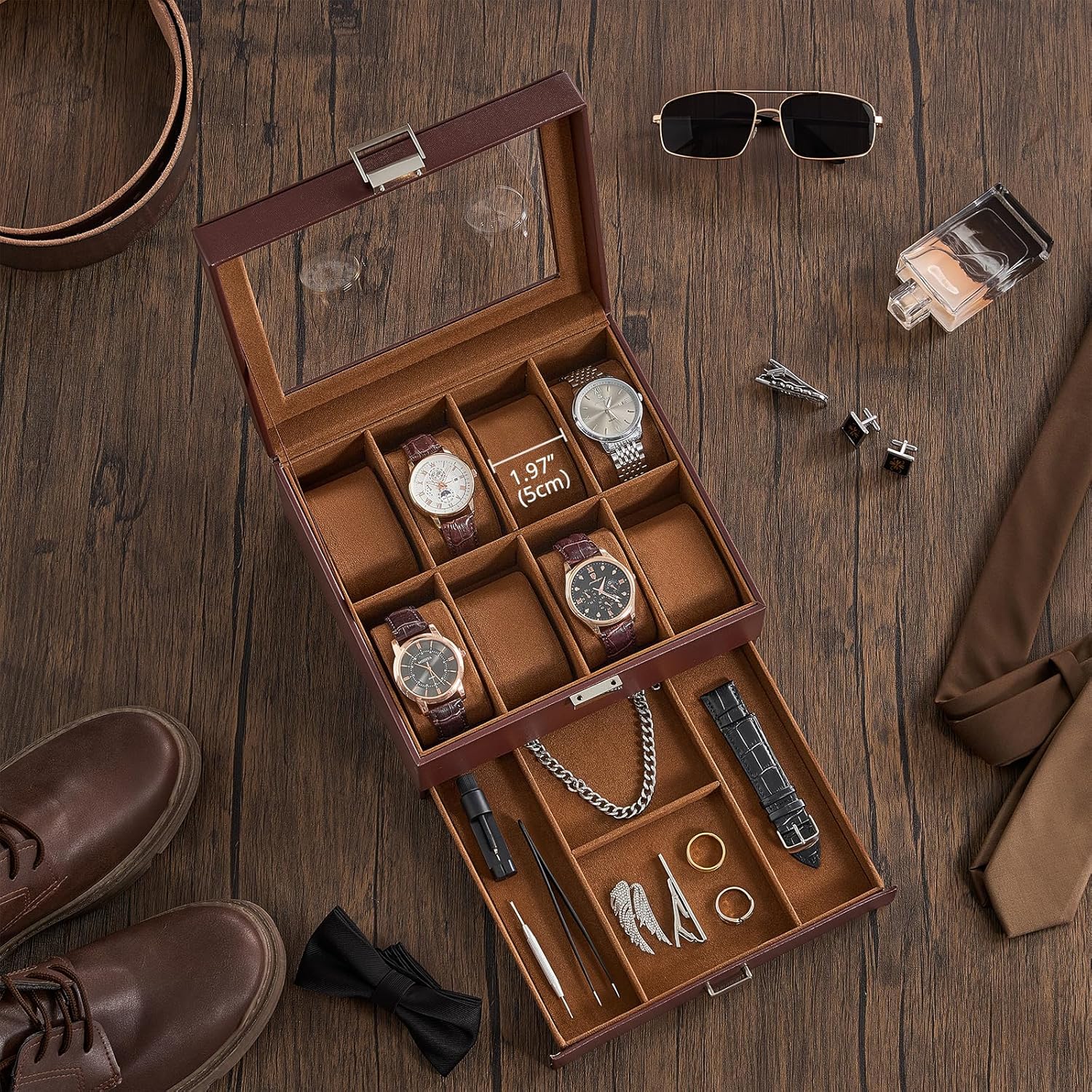 Watch Case, 8 Slot Mens Watch Box Holder Organizer with Glass Lid, 2-Layer Watches Display Case, Mens Jewelry Box with Drawer, Birthday Christmas Gifts for Men Women