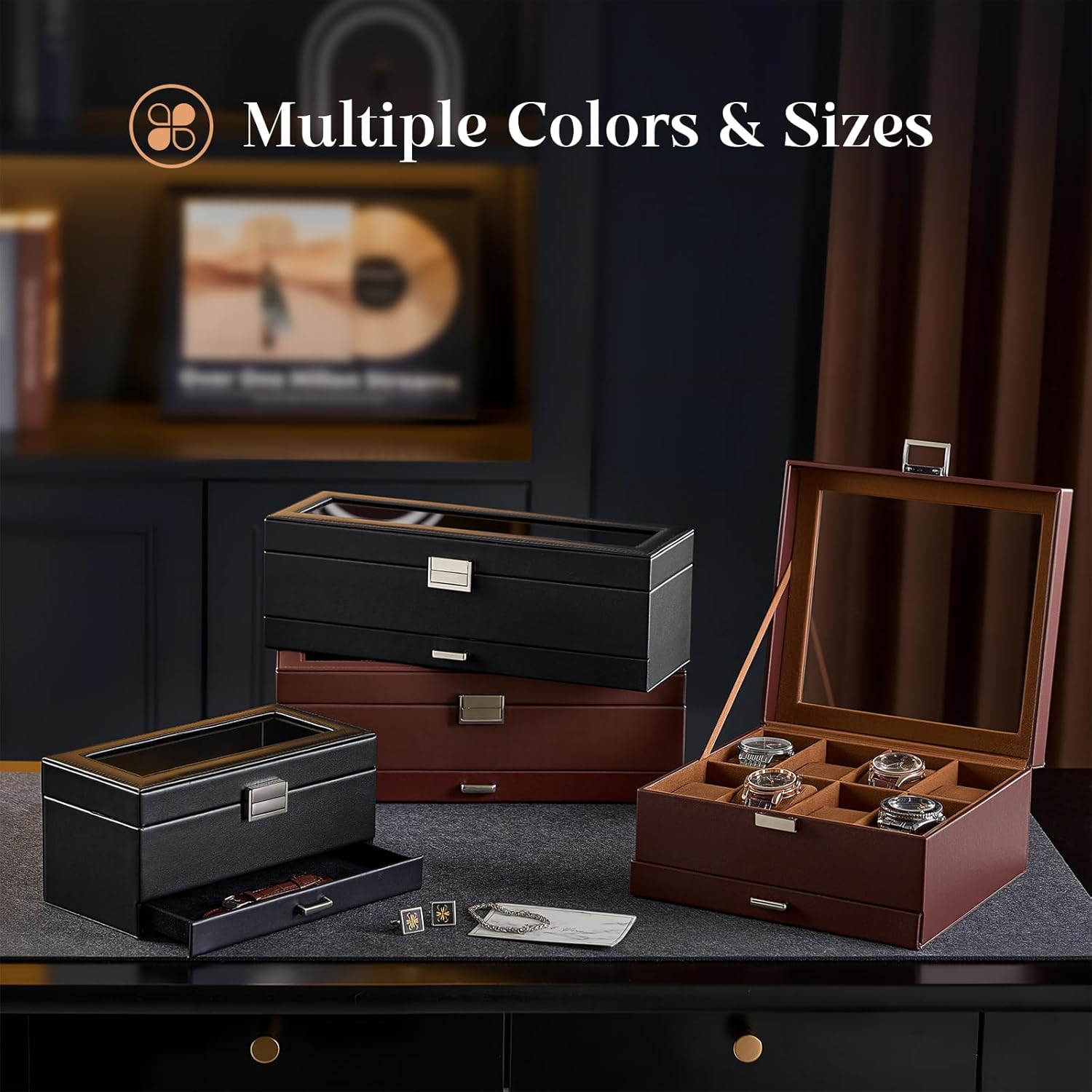 Watch Case, 8 Slot Mens Watch Box Holder Organizer with Glass Lid, 2-Layer Watches Display Case, Mens Jewelry Box with Drawer, Birthday Christmas Gifts for Men Women