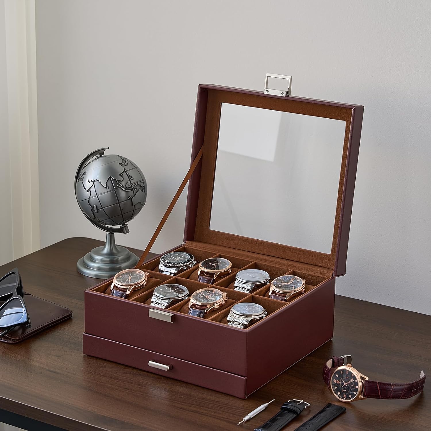 Watch Case, 8 Slot Mens Watch Box Holder Organizer with Glass Lid, 2-Layer Watches Display Case, Mens Jewelry Box with Drawer, Birthday Christmas Gifts for Men Women