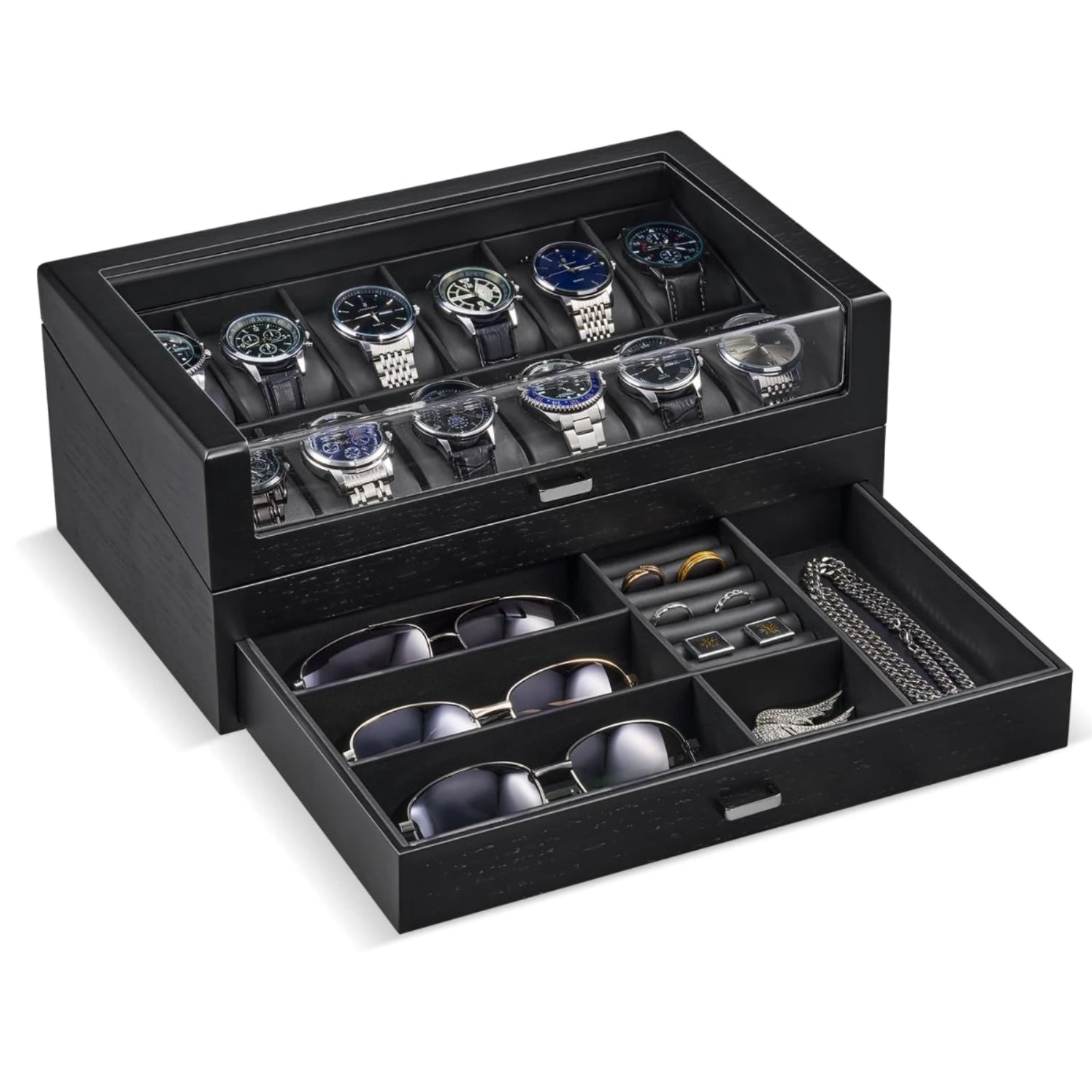 2-Layer Wooden Watch Box with Clear Top & Jewelry Storage Drawer 12 Slots Black