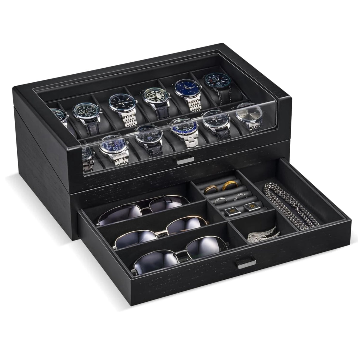 2-Layer Wooden Watch Box with Clear Top & Jewelry Storage Drawer 12 Slots Black