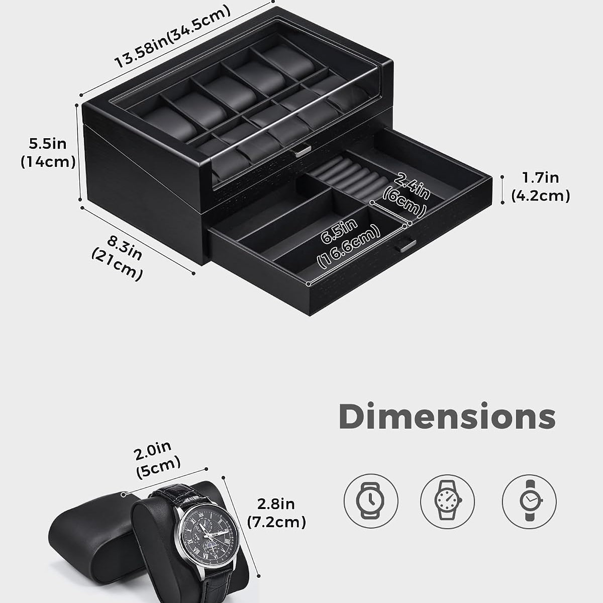 Black watch box with a top watch cushion section and an open drawer, shown with dimension labels on a light gray background. 
