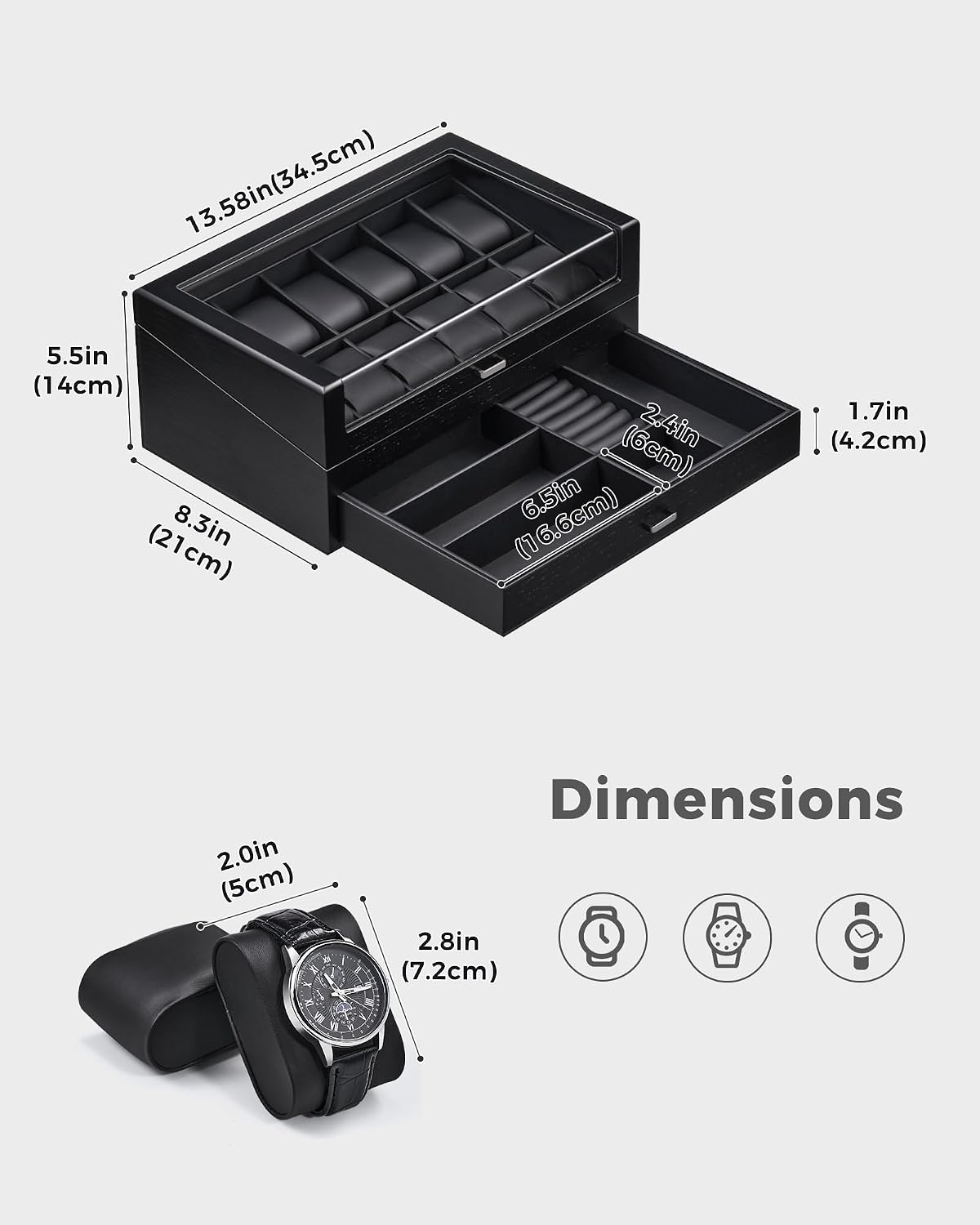 Black watch box with a top watch cushion section and an open drawer, shown with dimension labels on a light gray background. 