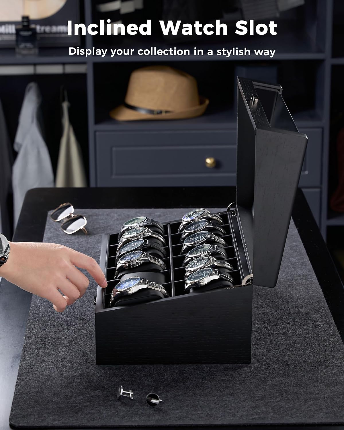 A black wooden watch display box with an open hinged lid, shown holding multiple wristwatches on rotating slots.