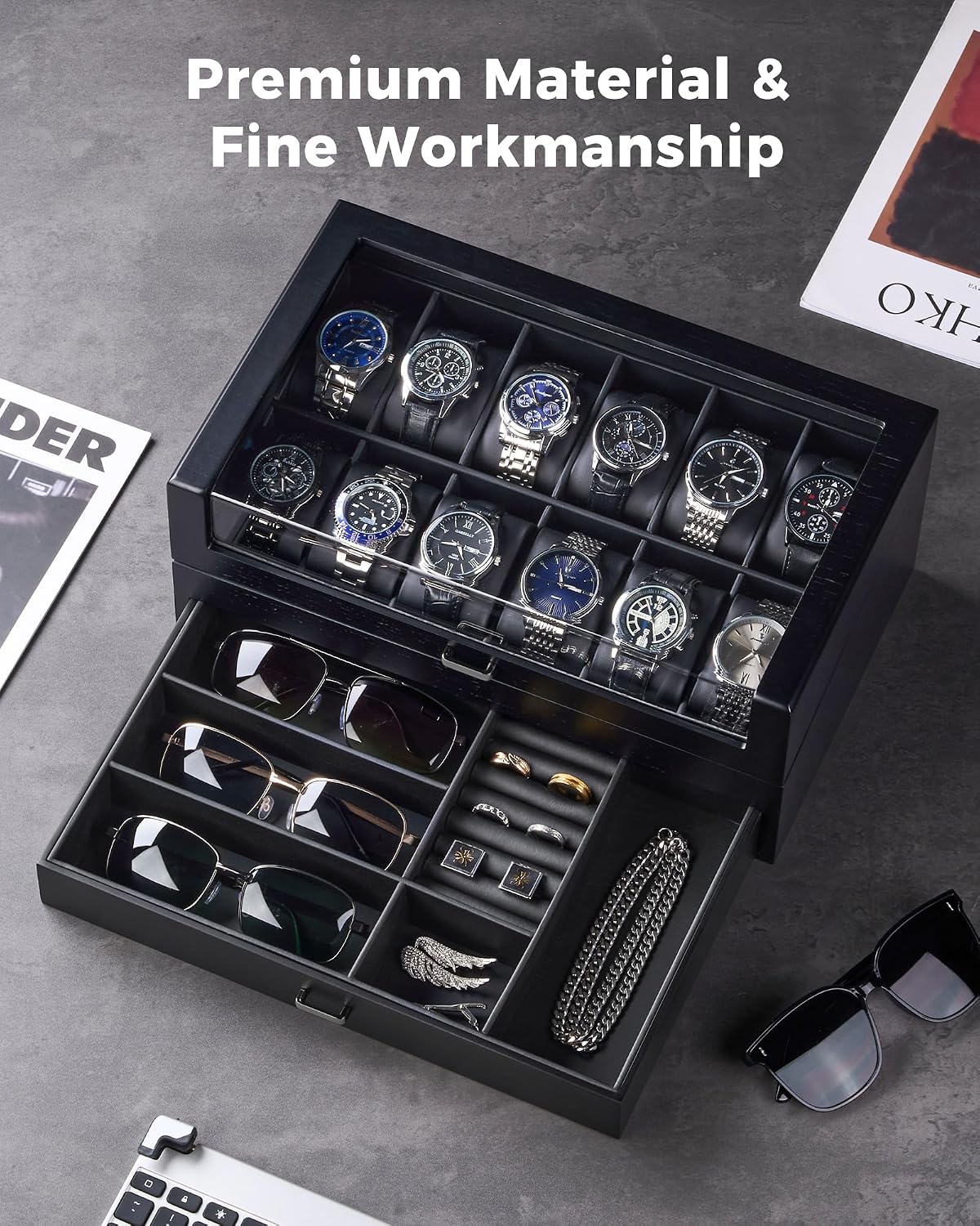 The watch compartment holds multiple wristwatches, and the drawer contains sunglasses, cufflinks, a chain necklace, and other small accessories.