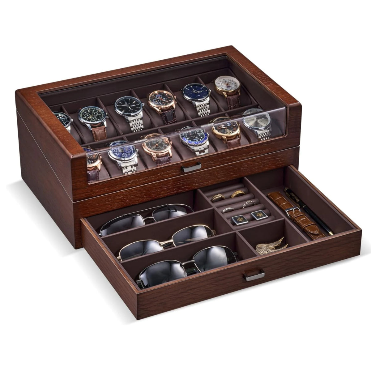 2-Layer Wooden Watch Box with Clear Top & Jewelry Storage Drawer 12 Slots Espresso