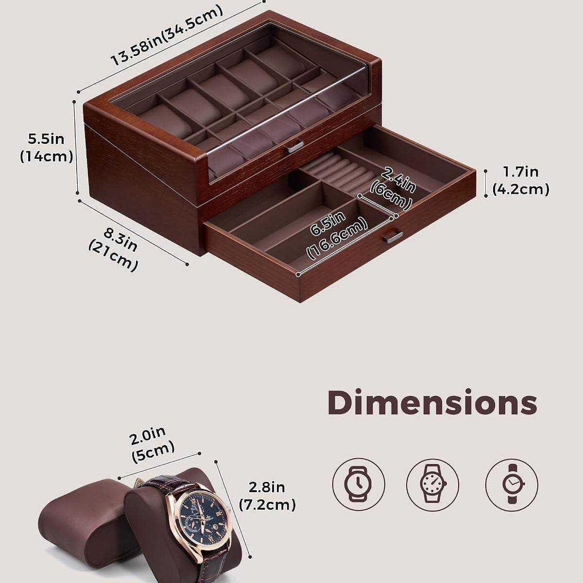 Brown jewelry box with dimensions labeled on a beige background