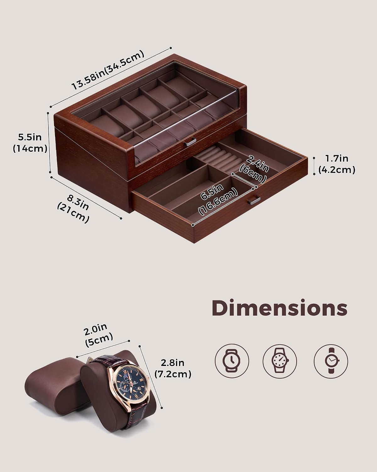 Brown jewelry box with dimensions labeled on a beige background
